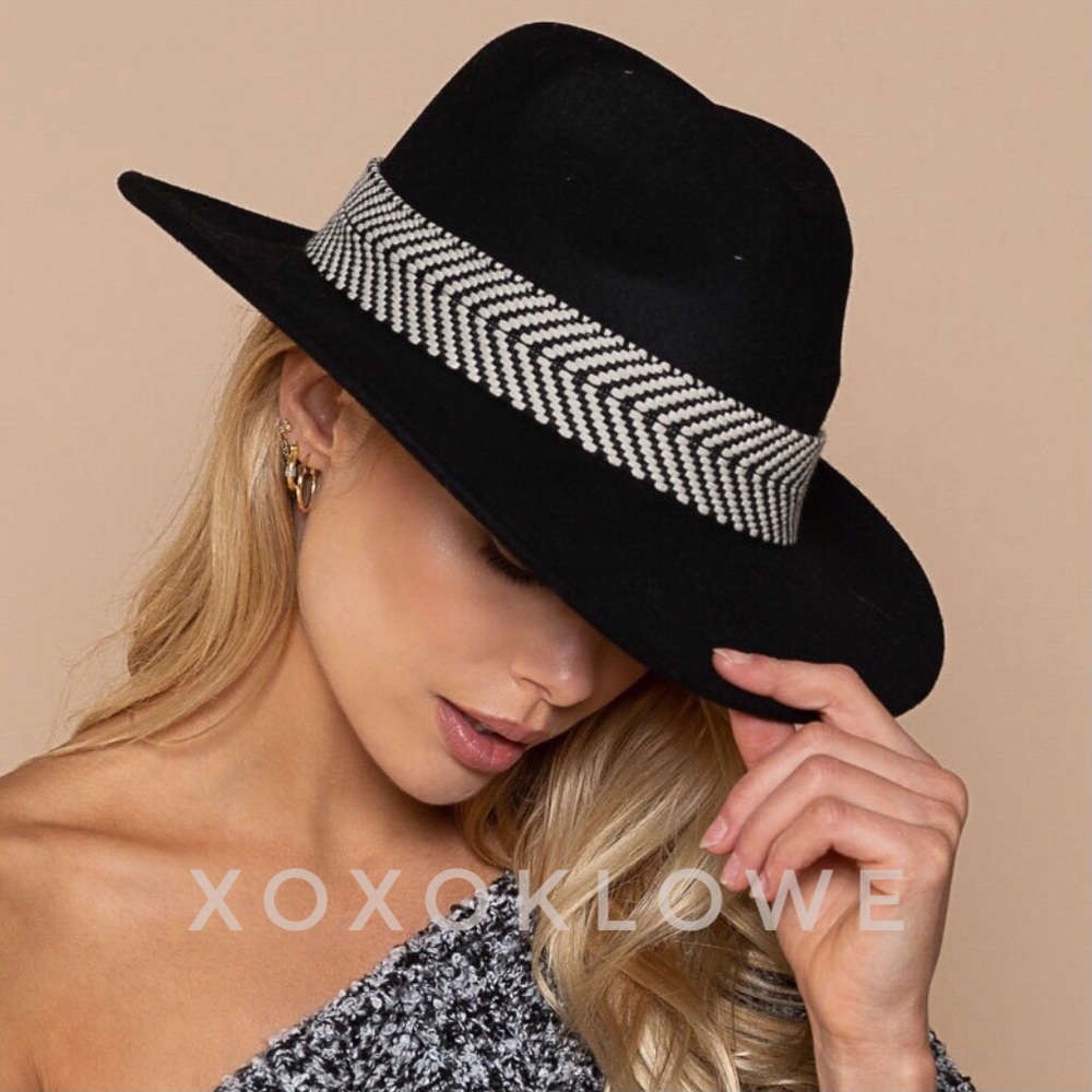 1 LEFT Black Wool Chevron Buckle Strap Wide Brim Hat - Picture 3 of 14